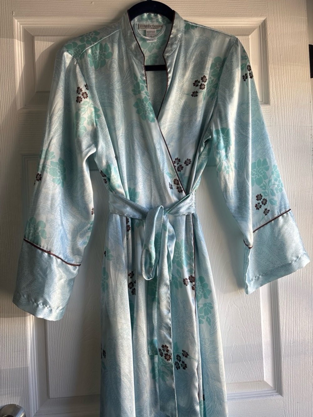 Morgan Taylor Light Blue Floral Satin Wrap Robe with Belt